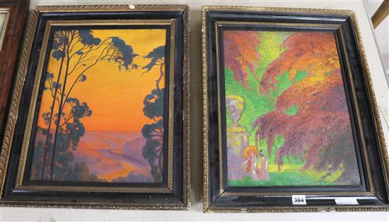 English School c.1920, pair of oils on canvas, landscape at sunset and figures in parkland, 43 x 33cm